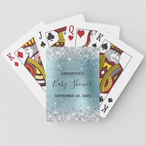 Silver Glitter Blue Baby Shower Favor Poker Cards