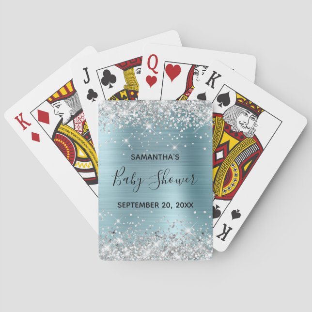 Silver Glitter Blue Baby Shower Favor Poker Cards (Back)