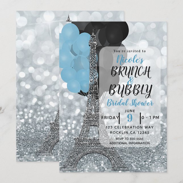 Silver Glitter Blue Balloons Eiffel Tower Paris Invitation (Front/Back)