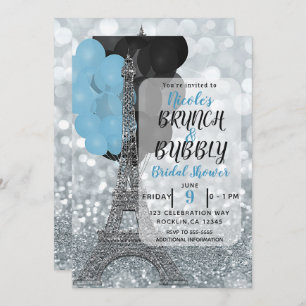 Silver Glitter Blue Balloons Eiffel Tower Paris Invitation