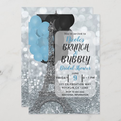 Silver Glitter Blue Balloons Eiffel Tower Paris Invitation