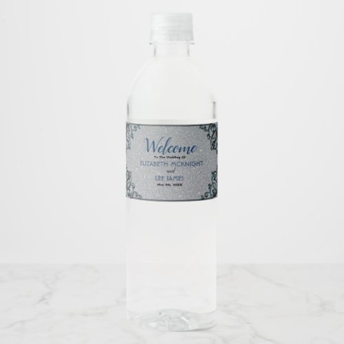Silver Glitter Blue Black Boarder Wedding Water Bottle Label