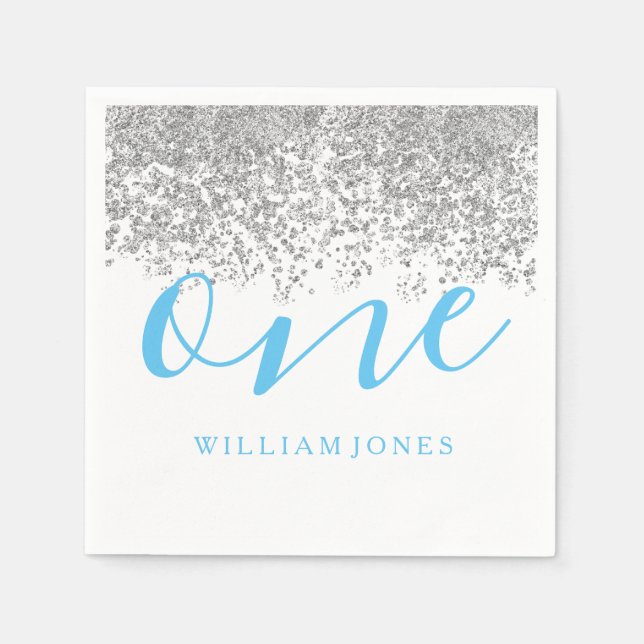 Silver Glitter Blue Boys 1st birthday party Napkins (Front)
