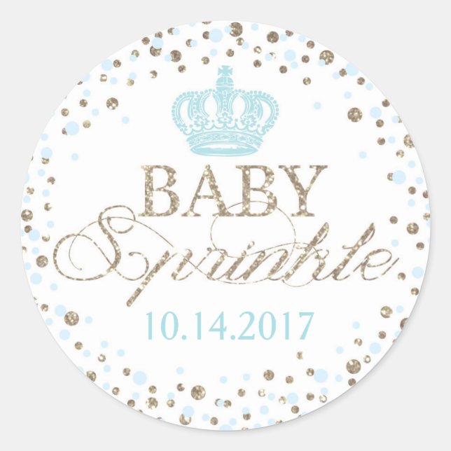 Silver Glitter Blue Crown Royal Prince Baby Shower Classic Round Sticker (Front)