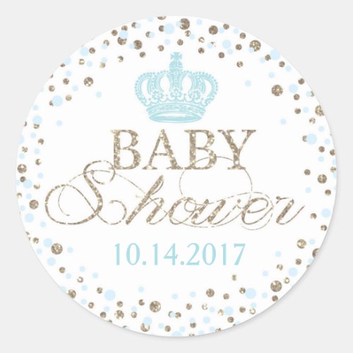 Silver Glitter Blue Crown Royal Prince Baby Shower Classic Round Sticker