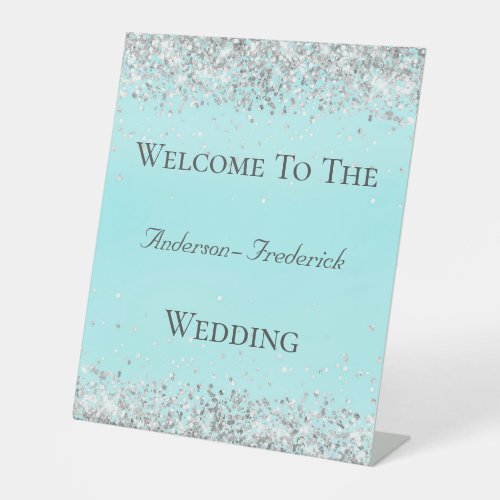 Silver Glitter Blue Elegant Wedding Welcome Sign