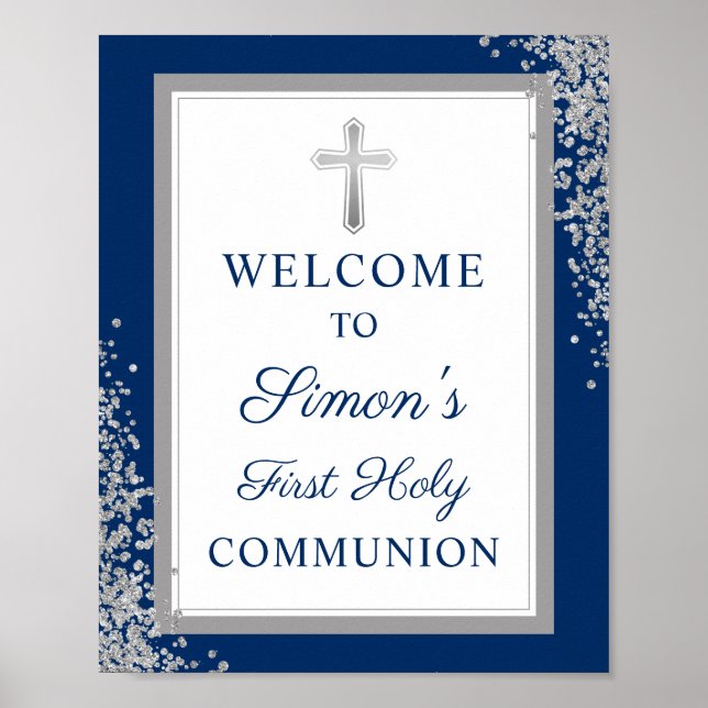 Silver Glitter Blue First Holy Communion Welcome Poster (Front)