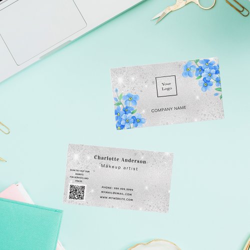 Silver glitter blue floral QR code logo Business Card