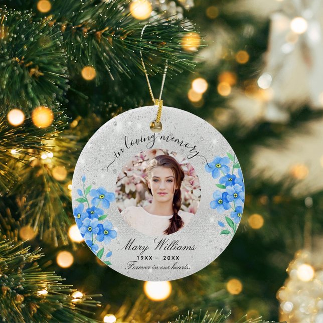 Silver glitter blue florals photo memorial ceramic ornament (Creator Uploaded)