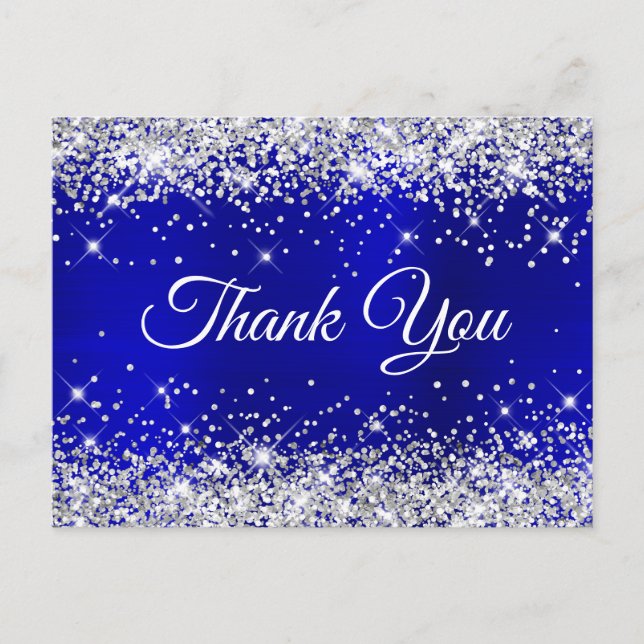 Silver Glitter Blue Foil 21st Birthday Thank You Postcard (Front)