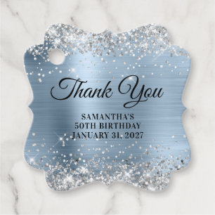 Silver Glitter Blue Foil Monogram 50th Birthday Favor Tags