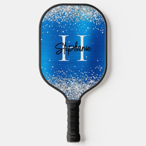 Silver Glitter Blue Foil Monogrammed Pickleball Paddle