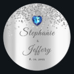 Silver Glitter Blue Heart Sparkle Wedding Classic Round Sticker<br><div class="desc">An elegant and unique heart of the ocean blue diamond gemstone Titanic themed script wedding sticker label. Personalize this with your own name and date to make it your very own.</div>