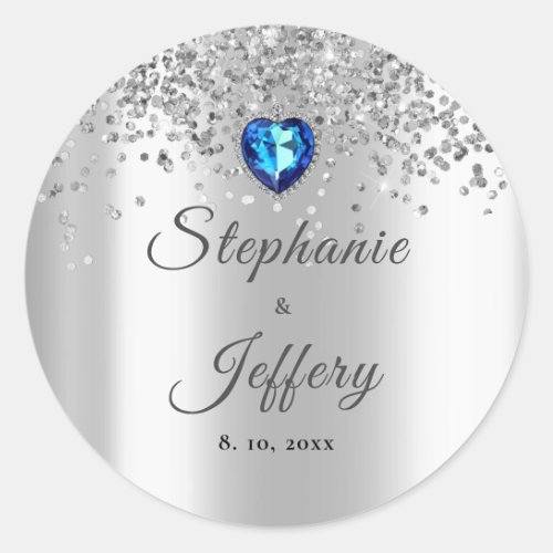 Silver Glitter Blue Heart Sparkle Wedding Classic Round Sticker
