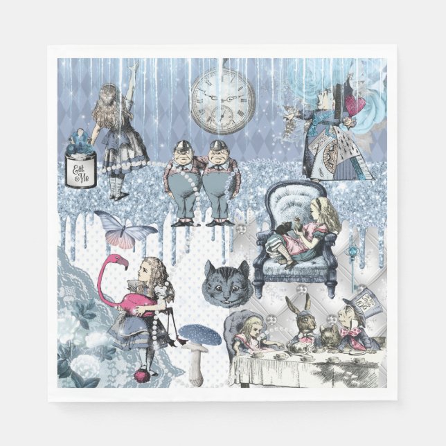 Silver Glitter Blue Ice Alice in Wonderland Napkins (Front)