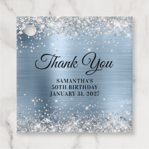 Silver Glitter Blue Monogram Birthday Thank You Favor Tags
