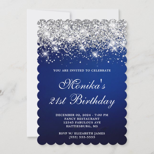 Silver Glitter Blue Navy Ombre Bold 21st Birthday  Invitation (Front)