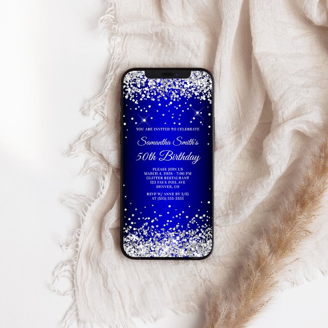 Silver Glitter Blue Ombre 50th Birthday Invitation (Silver Glitter Blue Ombre 50th Birthday Invitation)
