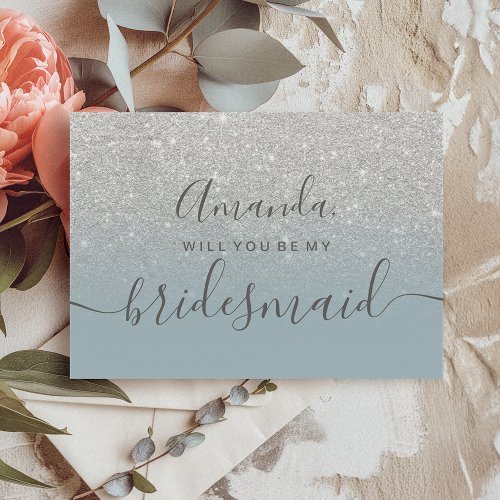 Silver glitter blue ombre script my bridesmaid invitation