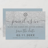 Silver glitter blue ombre script save the date (Front/Back)