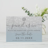 Silver glitter blue ombre script save the date (Standing Front)