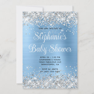 Silver Glitter Blue Online Registry Baby Shower Invitation