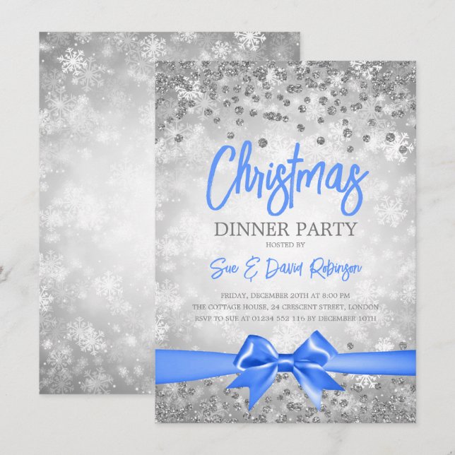 Silver Glitter Blue Ribbon Christmas Holiday  Invitation (Front/Back)