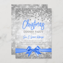 Silver Glitter Blue Ribbon Christmas Holiday  Invitation