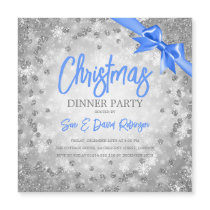 Silver Glitter Blue Ribbon Christmas Invite