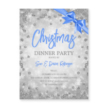 Silver Glitter Blue Ribbon Xmas Holiday Invite