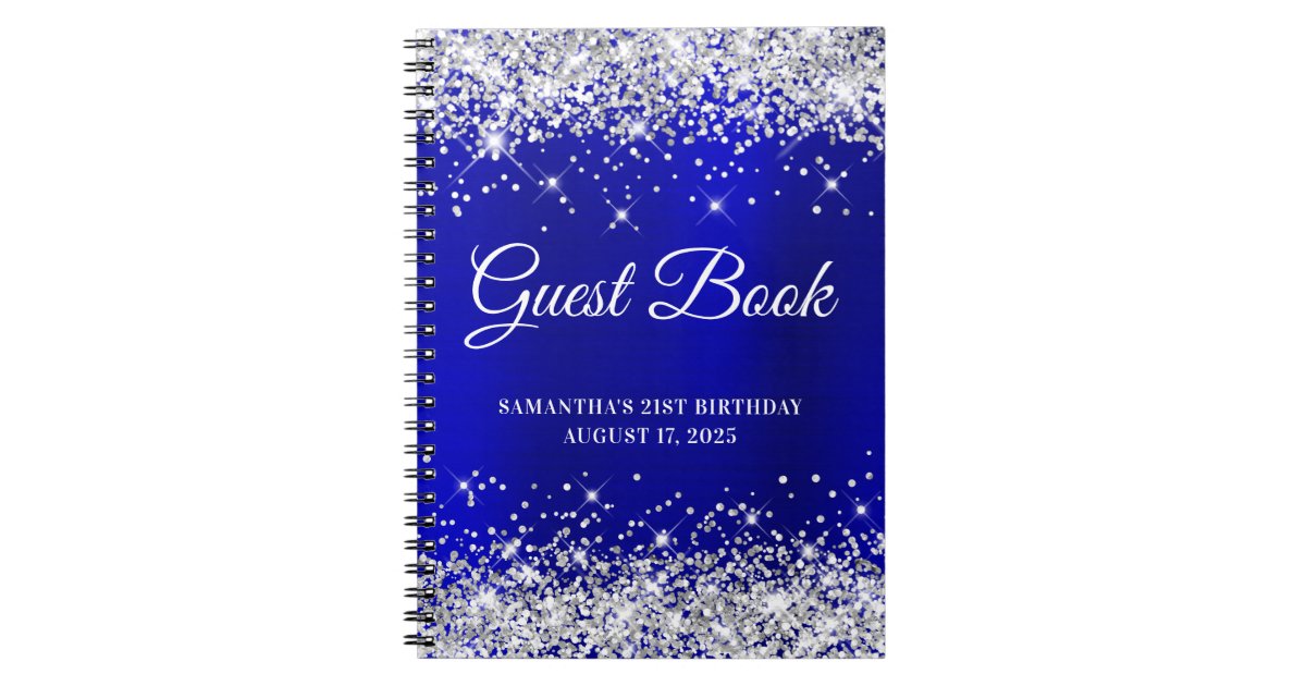 Silver Glitter Blue Satin 21st Birthday Guestbook Notebook Zazzle