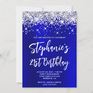 Silver Glitter Blue Satin Bold 21st Birthday Invitation