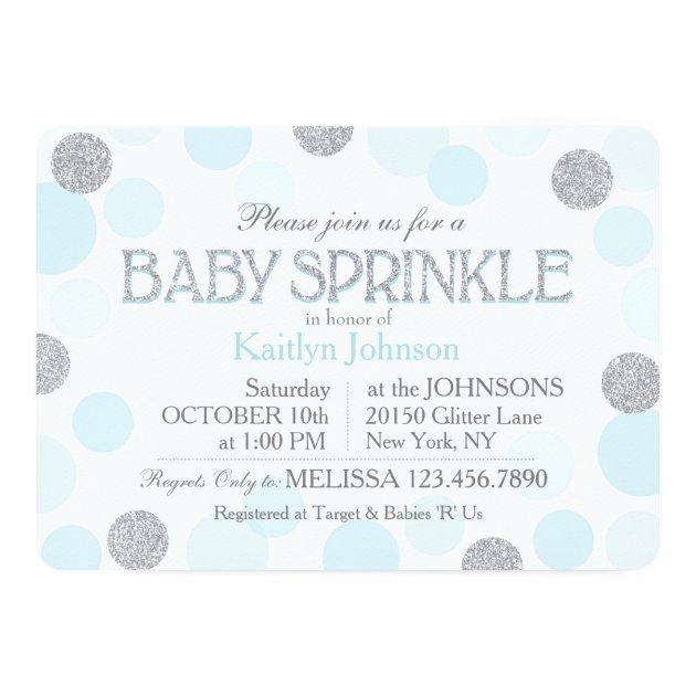 Silver Glitter Blue Scatter Dots Baby Sprinkle Invitation