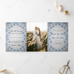 Silver Glitter Blue Snowflake Winter Wedding Tri-Fold Program