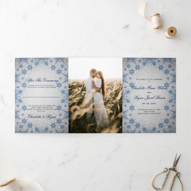 Silver Glitter Blue Snowflake Winter Wedding   Tri-Fold Program (Outside)