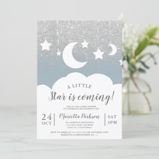 Silver glitter blue star moon cloud baby shower invitation | Zazzle