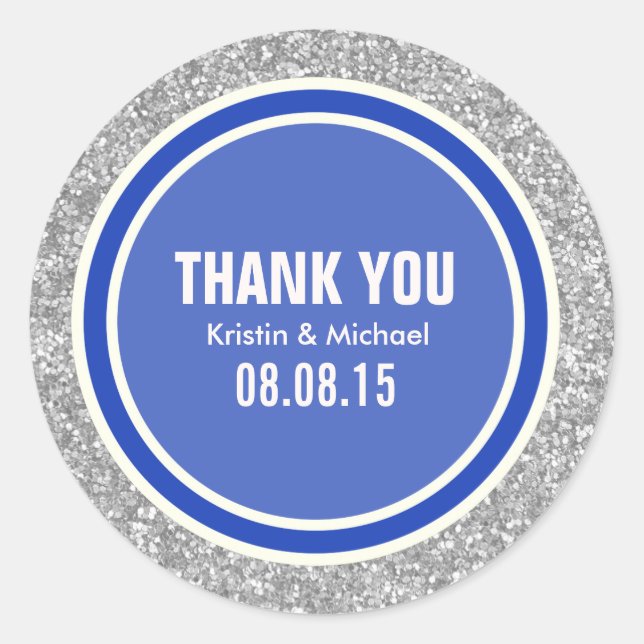 Silver Glitter & Blue Thank You Round Stickers (Front)