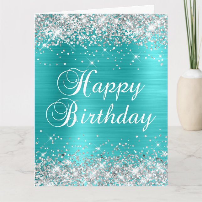 Silver Glitter Blue Turquoise Big Happy Birthday Card (Front)