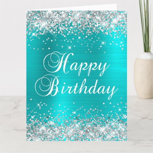 Silver Glitter Blue Turquoise Big Happy Birthday Card