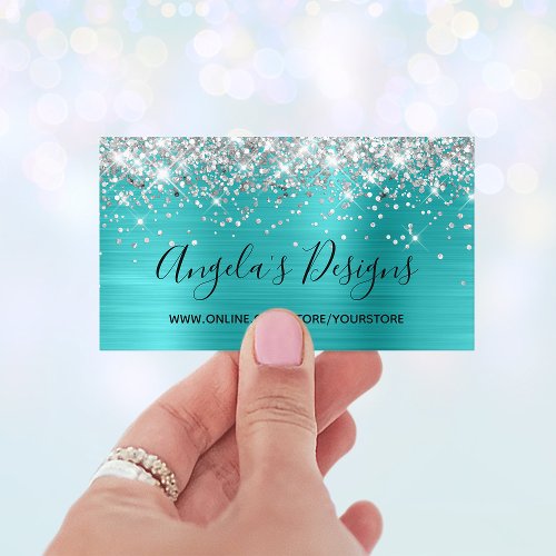 Silver Glitter Blue Turquoise Foil Online Store Business Card