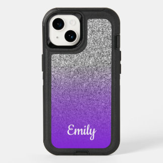 Silver Glitter Blue Violet Ombre Personalized OtterBox iPhone 14 Case