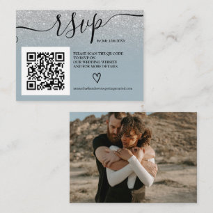 Silver glitter blue wedding rsvp Qr code photo Enclosure Card