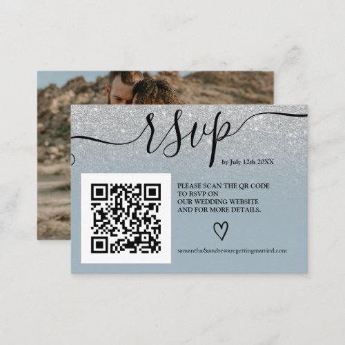 Silver glitter blue wedding rsvp Qr code photo Enclosure Card