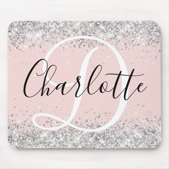 Silver Glitter Blush Black and White Monogram Mouse Pad (Front)