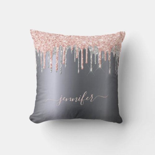 Silver glitter blush drips monogram script throw pillow