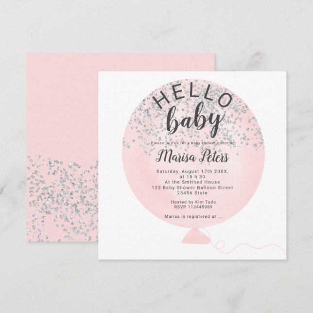 Silver glitter blush pink balloon baby shower invitation (Front/Back)