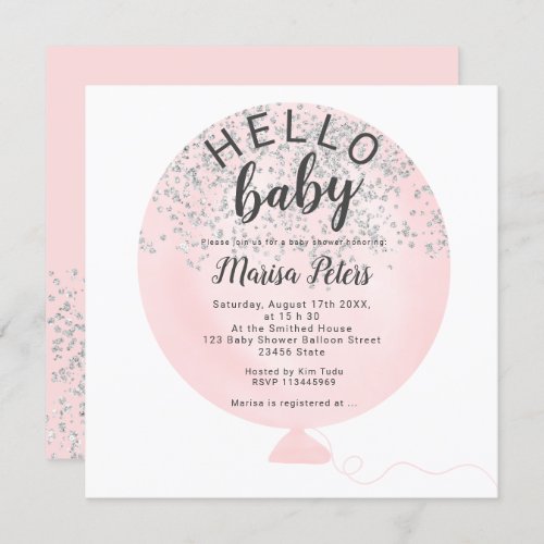 Silver glitter blush pink balloon baby shower invitation