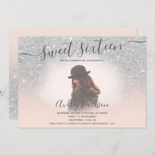 Silver glitter blush pink chic Sweet 16 photo Invitation