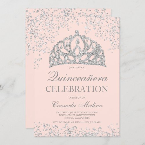Silver glitter blush pink crown tiara Quinceaera Invitation