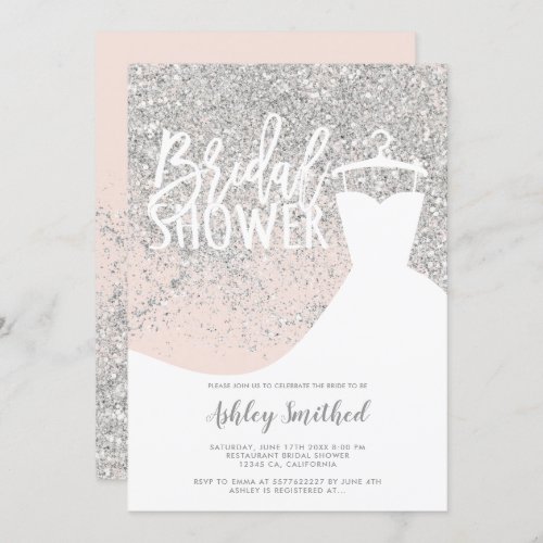 Silver glitter blush pink dress Bridal shower Invitation